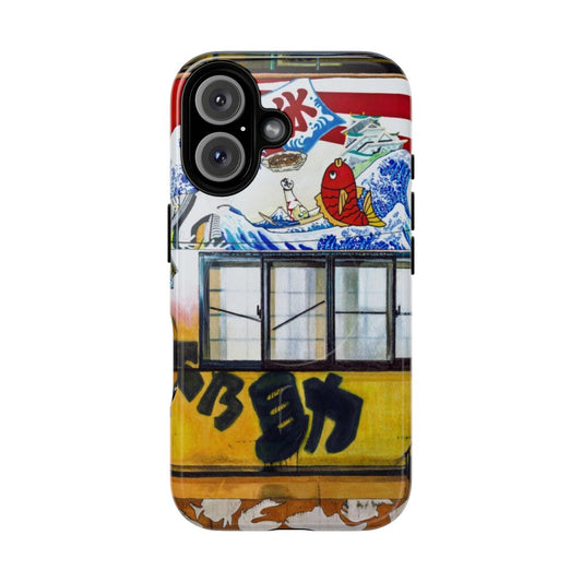 Detailed phone case design featuring a bustling Osaka restaurant scene with anime-style artwork.