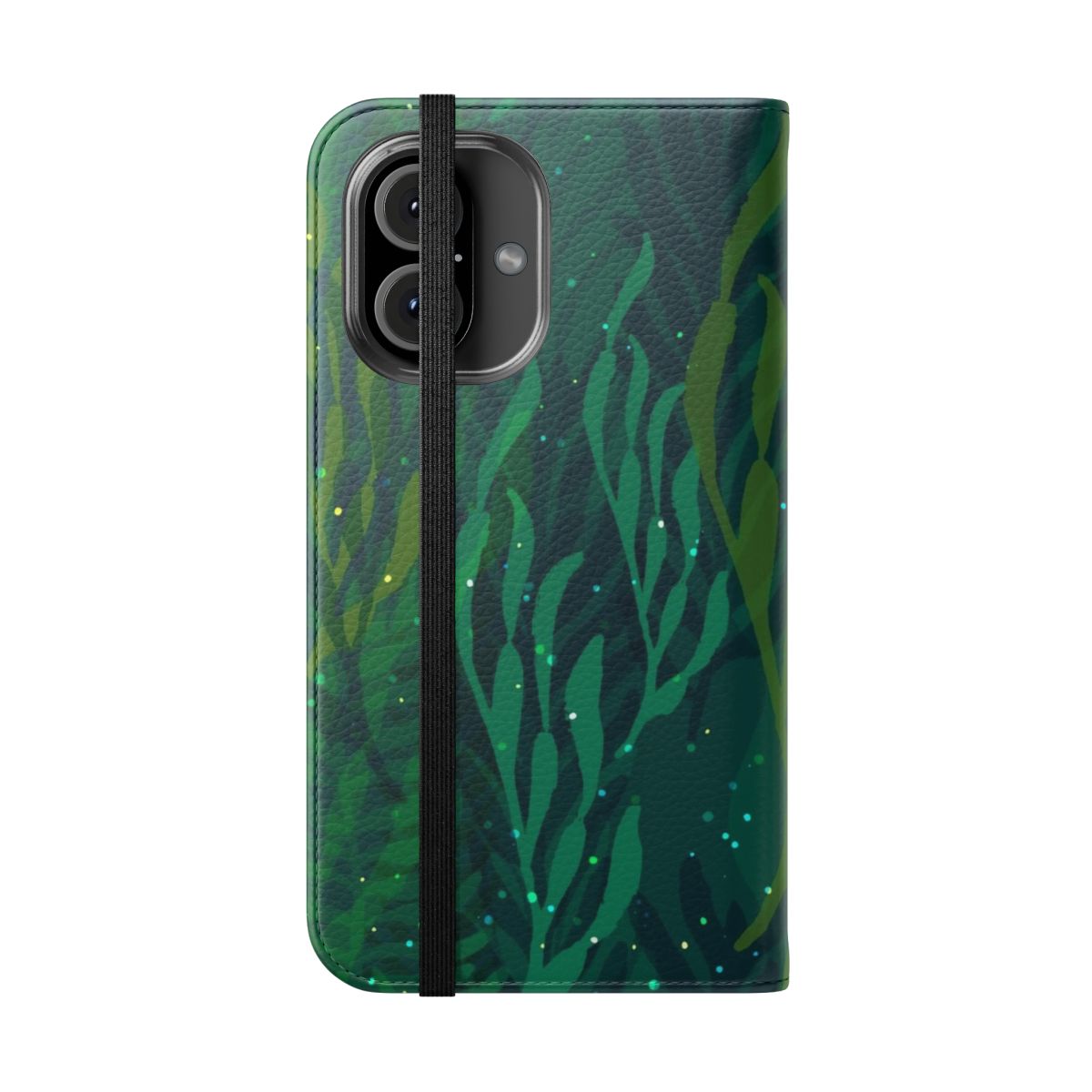 Emerald forest underwater phone case with vibrant seaweed and bubbles - Folded Front