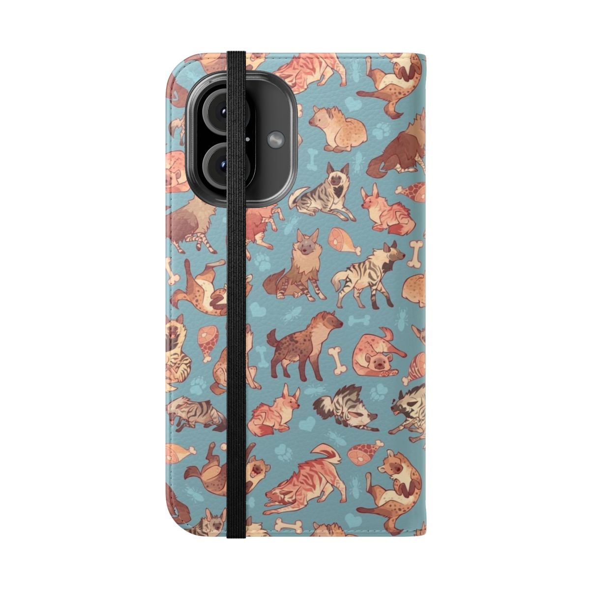 Cerulean-colored phone case with a vibrant hyena pattern design - Folded Front