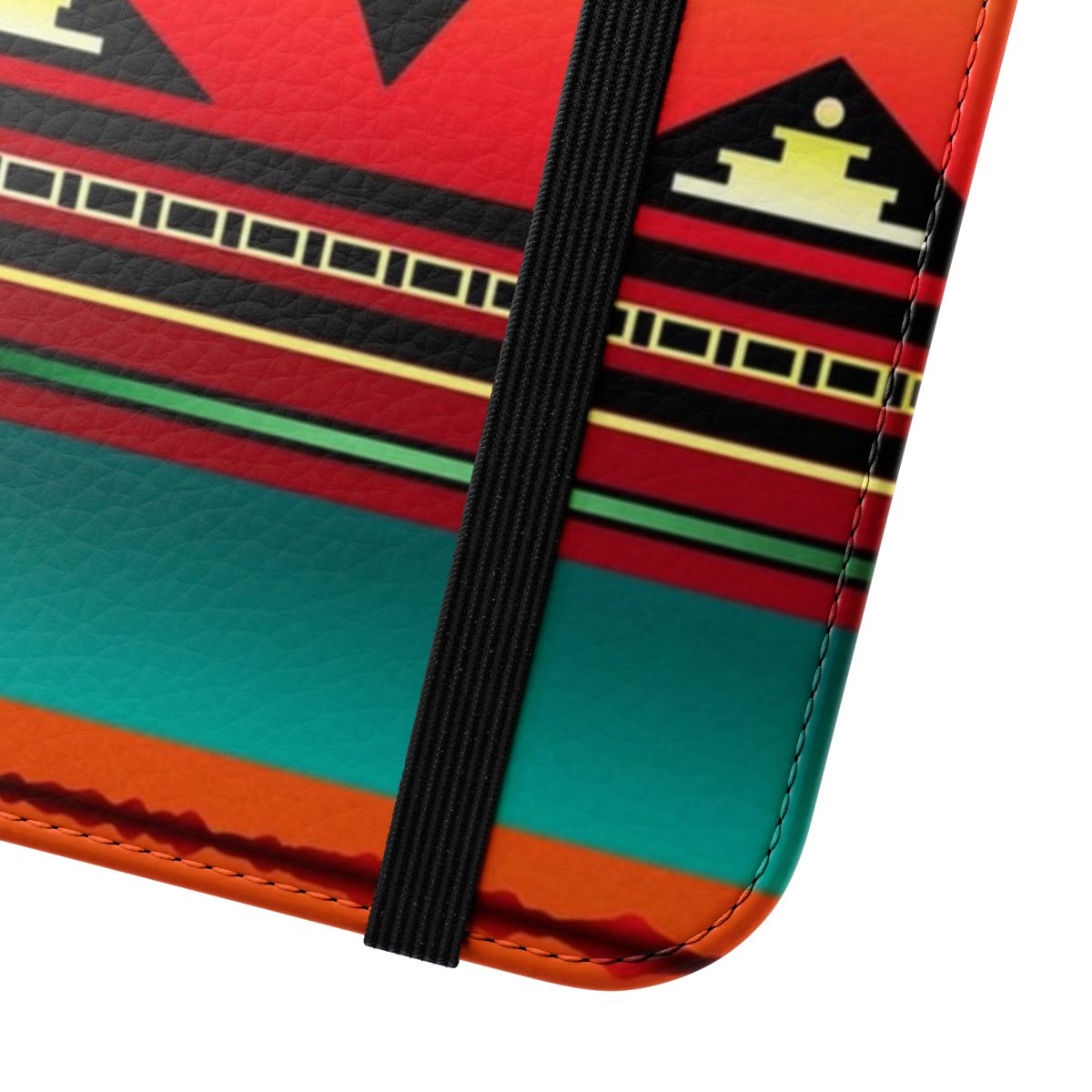 Teal and vibrant Navajo-inspired phone case with intricate geometric patterns and a canyon landscape design - Close Up