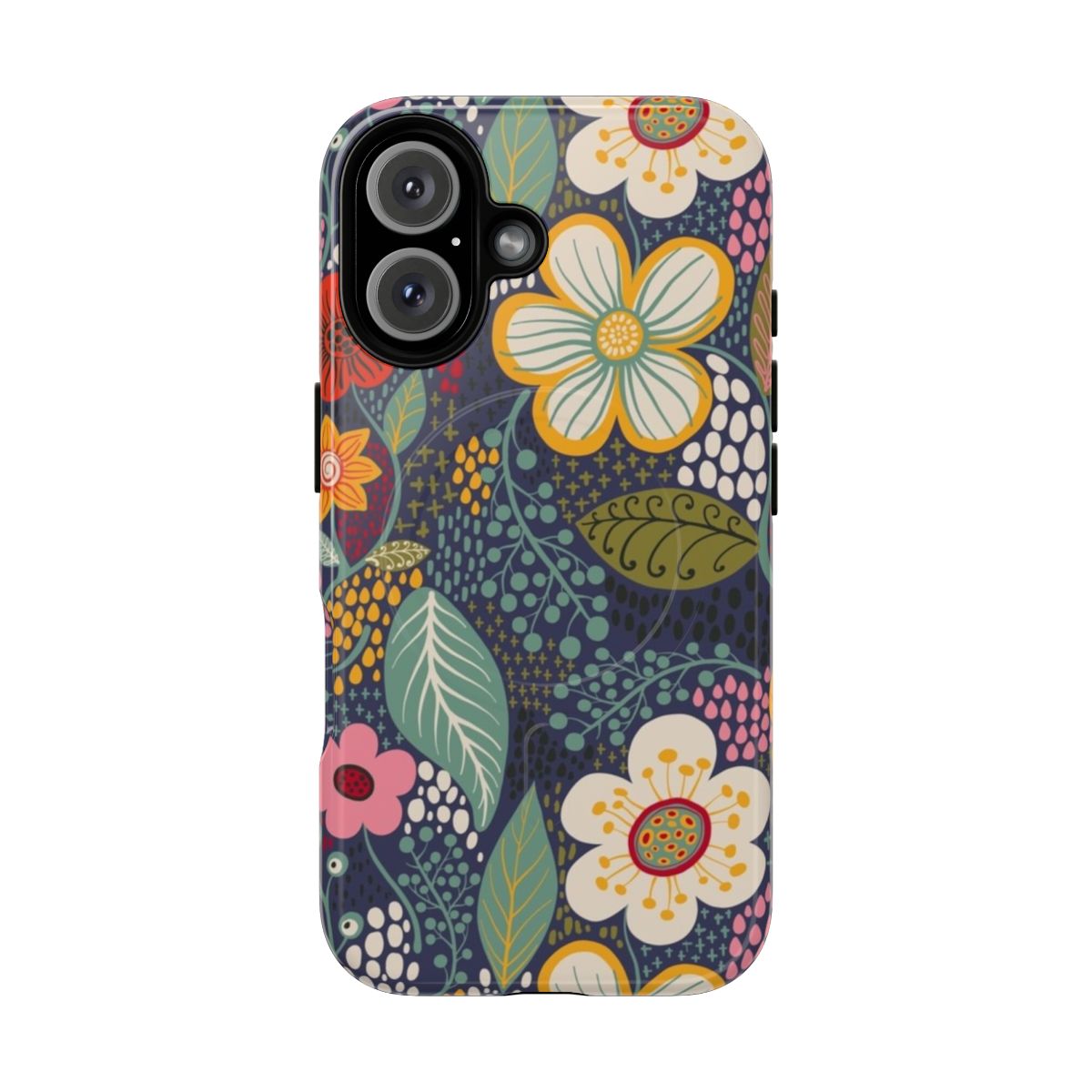 Stylish and protective phone case featuring a beautiful floral secret garden pattern in navy blue and yellow.