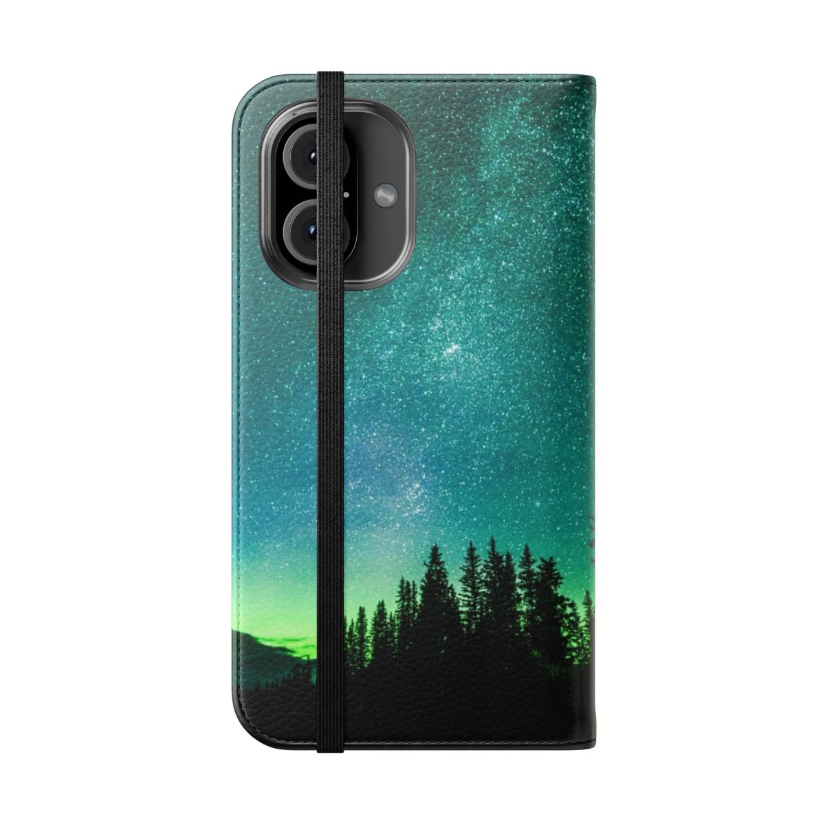 Cosmic aurora borealis phone case with vibrant neon green and stars - Folded Front