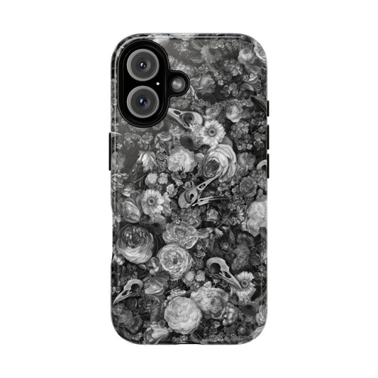 Unique vintage-inspired baroque and macabre phone case with skull, bird, and floral pattern design.