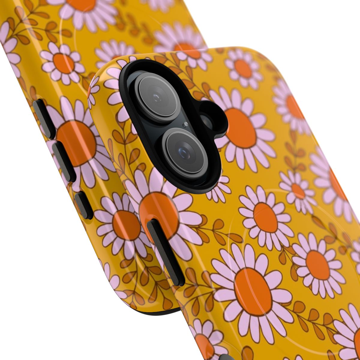 Retro floral daisy phone case with a botanical 1970s inspired pattern in shades of orange and pink - Detail