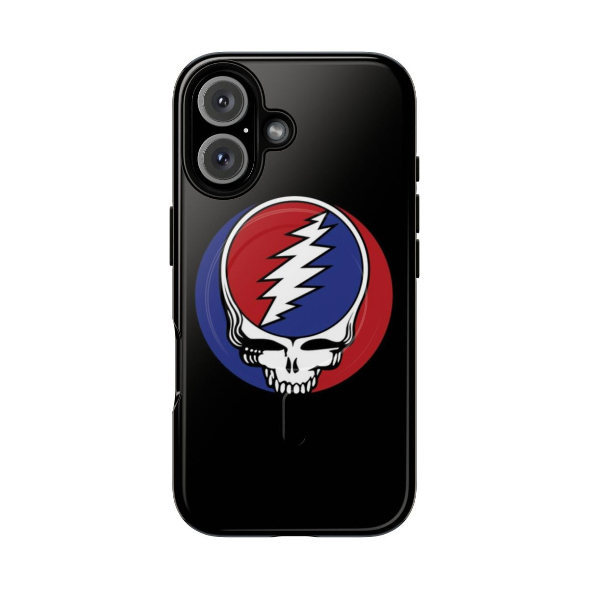 Colorful phone case with a skull and skeleton design inspired by the Grateful Dead band.