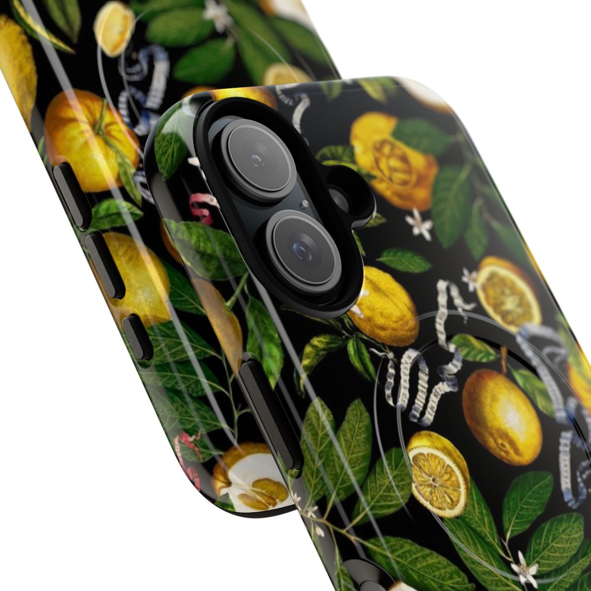 Black phone case with a vibrant lemon tree design, featuring exotic leaves and a tropical, nature-inspired aesthetic. - Detail