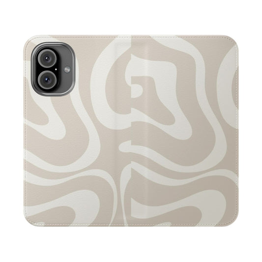 Neutral beige flip phone case with abstract swirl pattern in a modern, minimalist design.