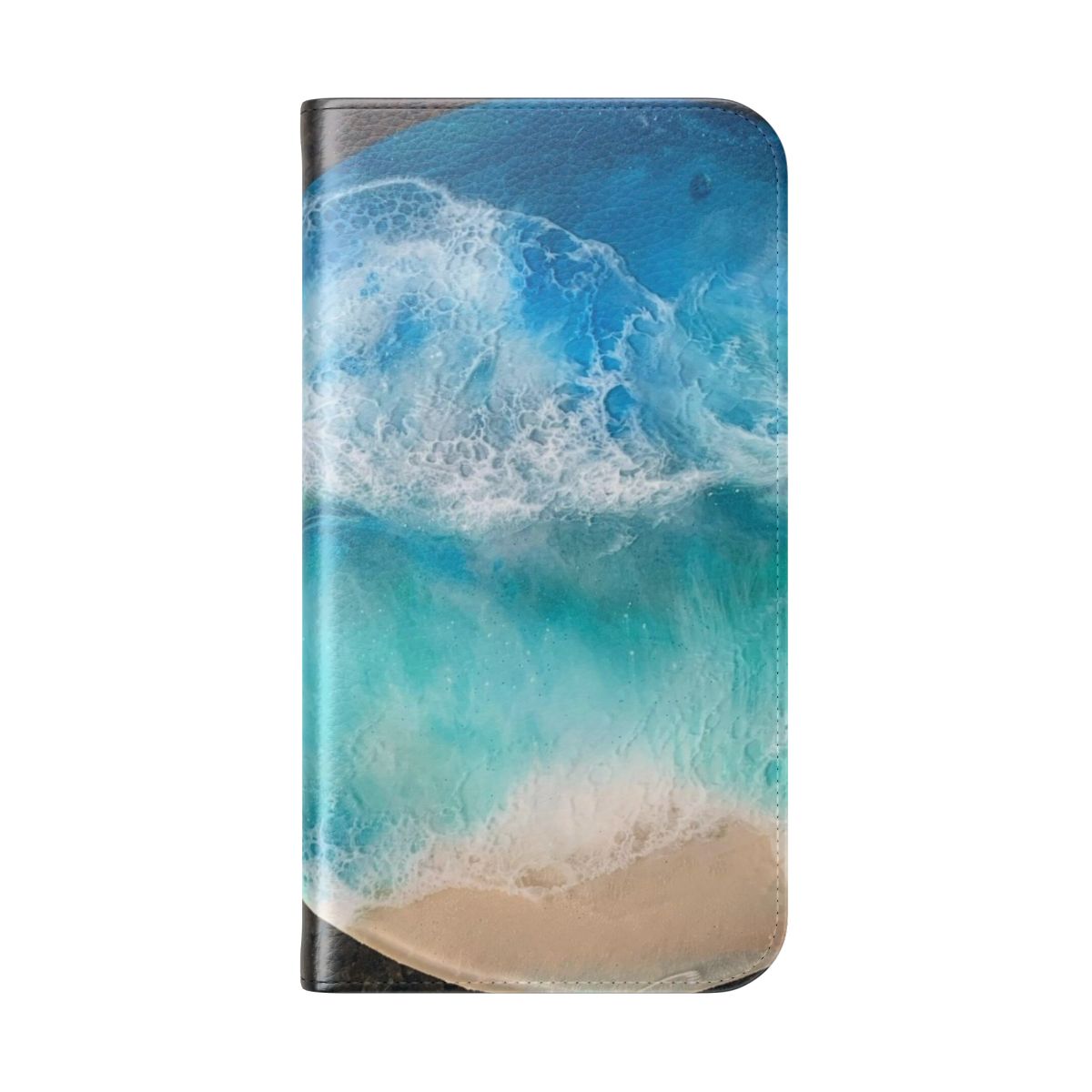 Resin phone case with an ocean-inspired design featuring waves, blue and green colors, and a beachy vibe. - Folded Back