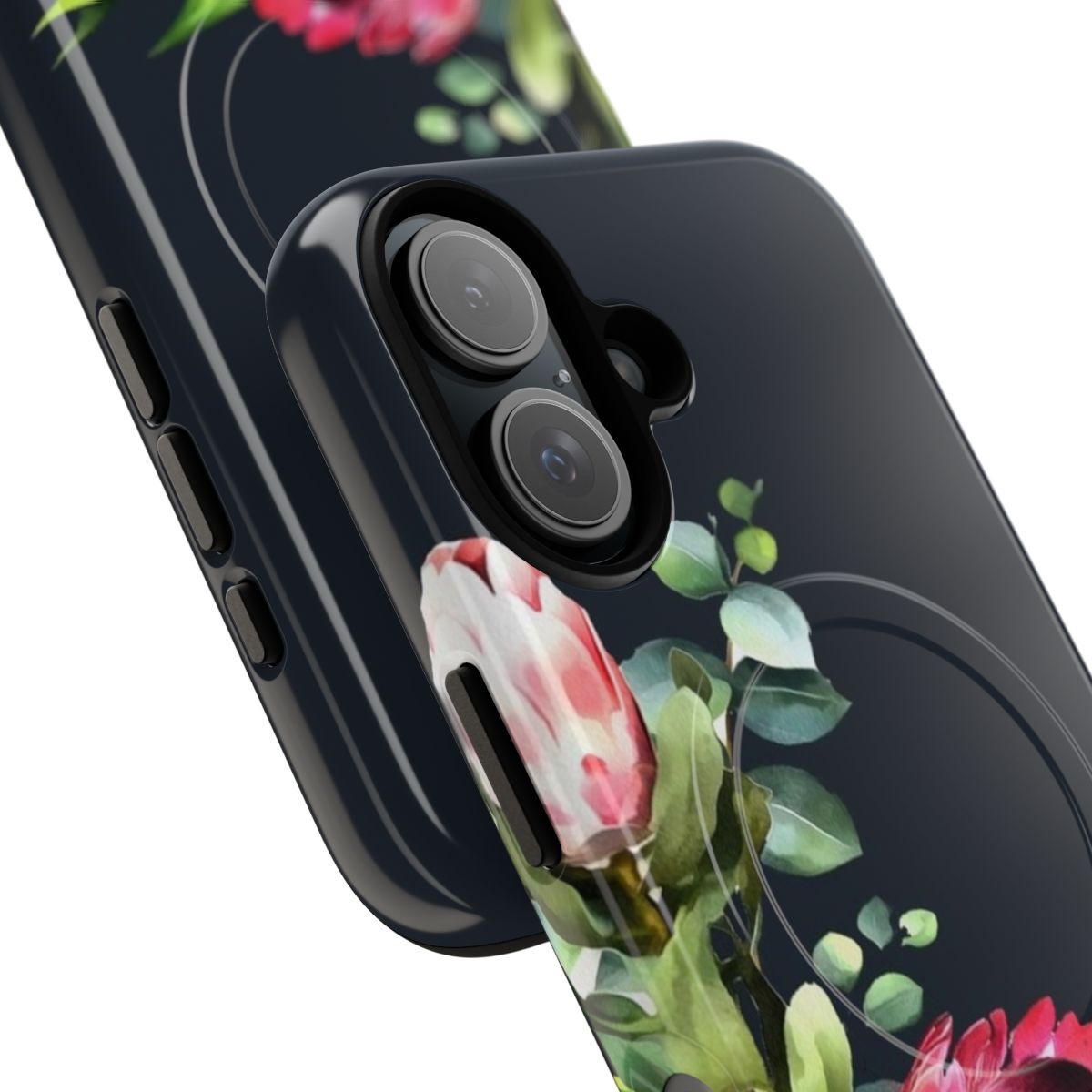 Phone case featuring a modern floral design with pink and blue native flowers - Detail