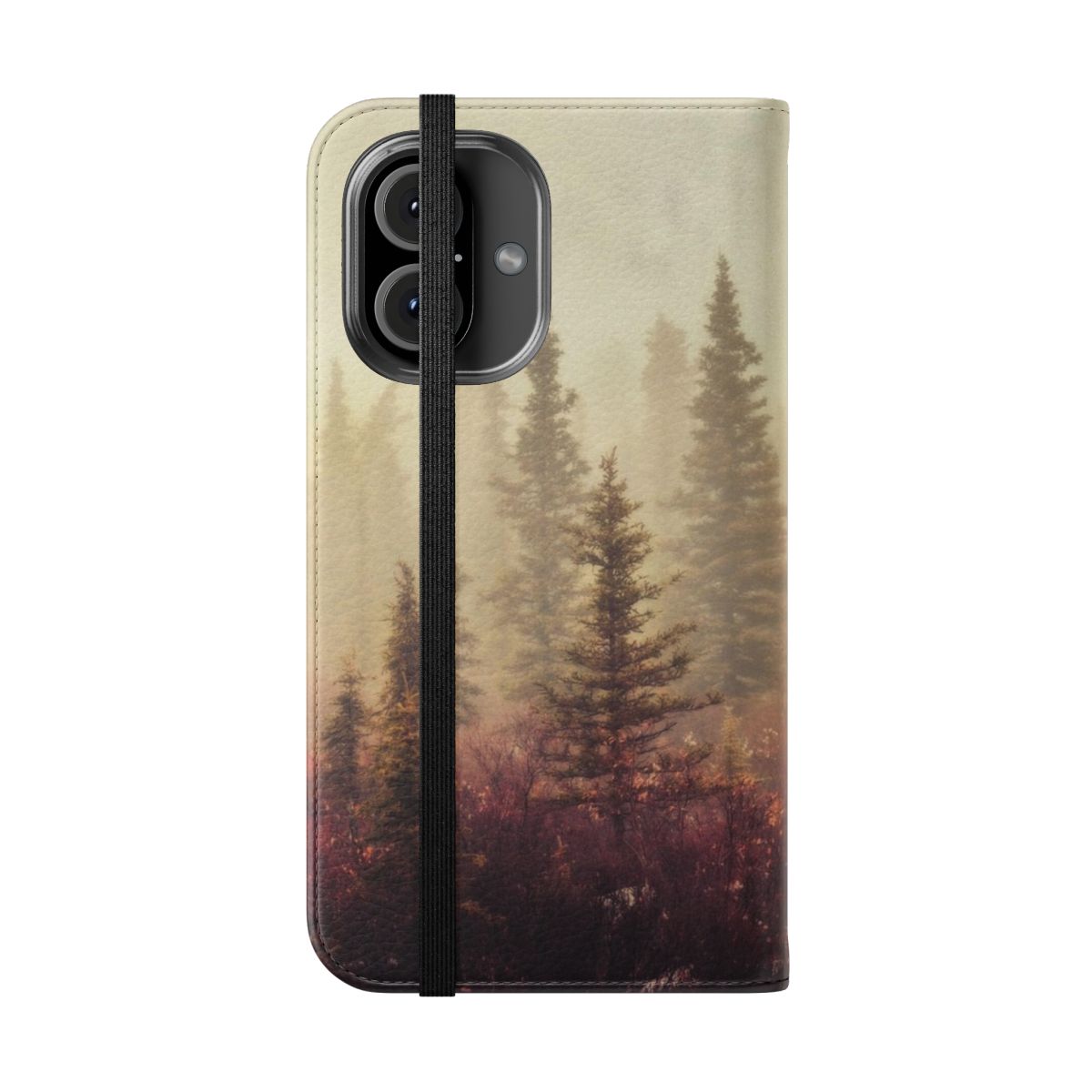 Flip phone case featuring a misty forest scene with trees and greenery - Folded Front