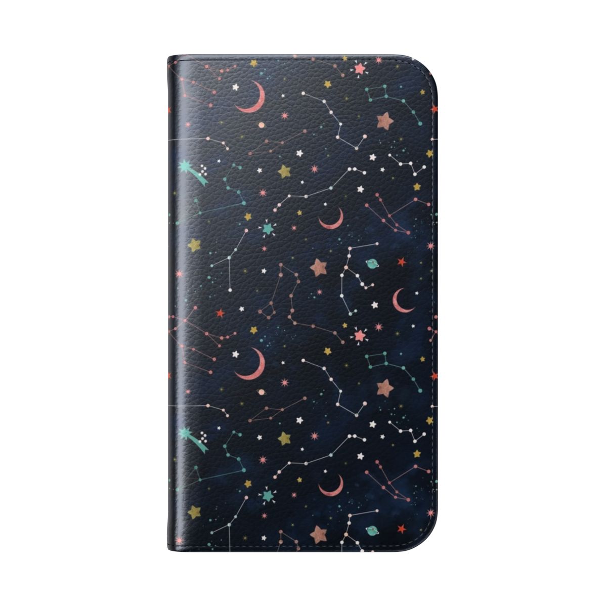 Starry sky design phone case featuring planets, moons, and shooting stars - Folded Back