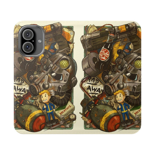 Flip phone case with a post-apocalyptic Wasteland Cache design, suitable for gaming enthusiasts.