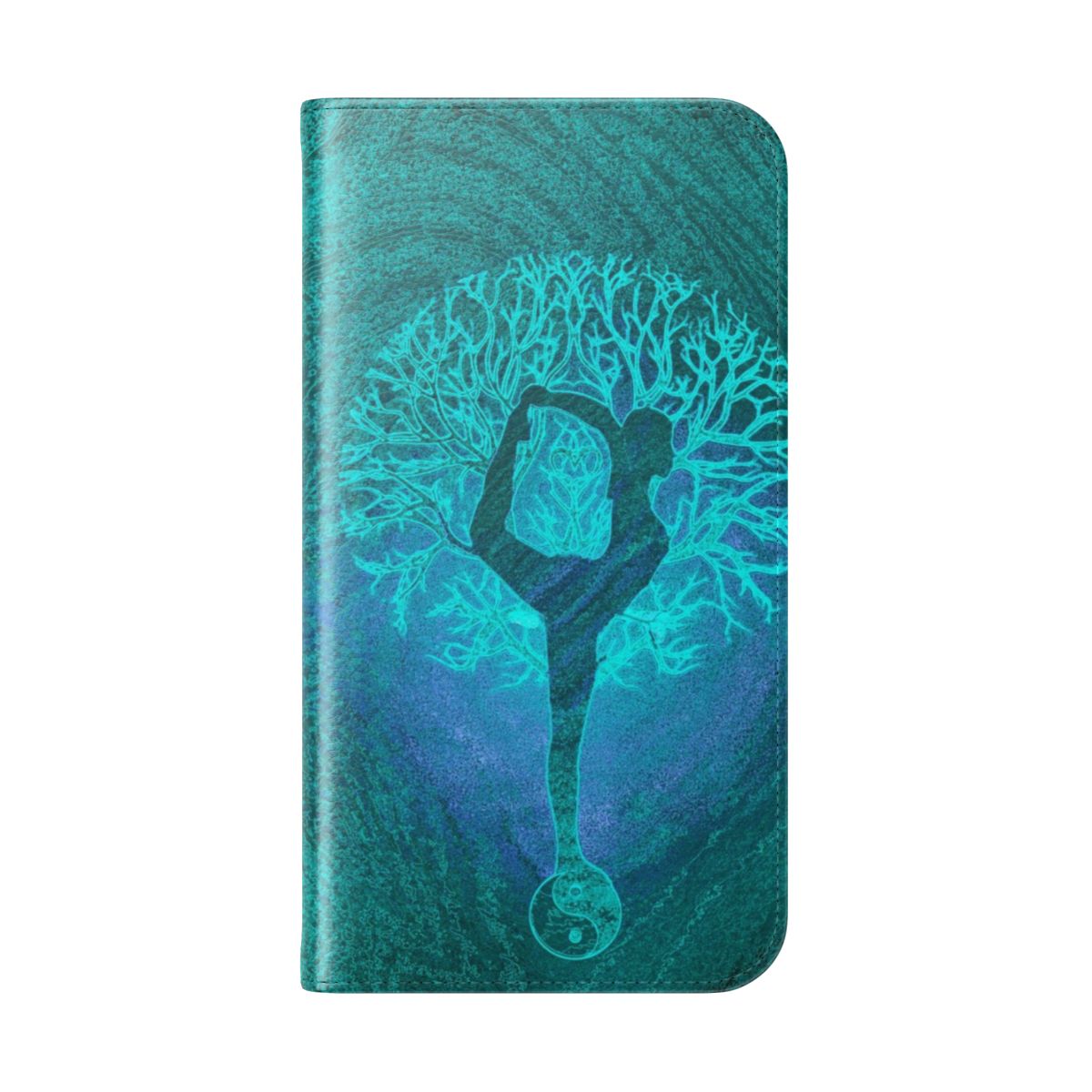 Tree of life yoga phone case in teal and aqua colors, featuring a balance and harmony design. - Folded Back