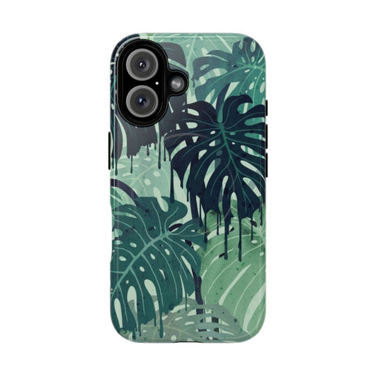 Smartphone case featuring a surreal, watercolor-style monstera leaf pattern in shades of green and blue.