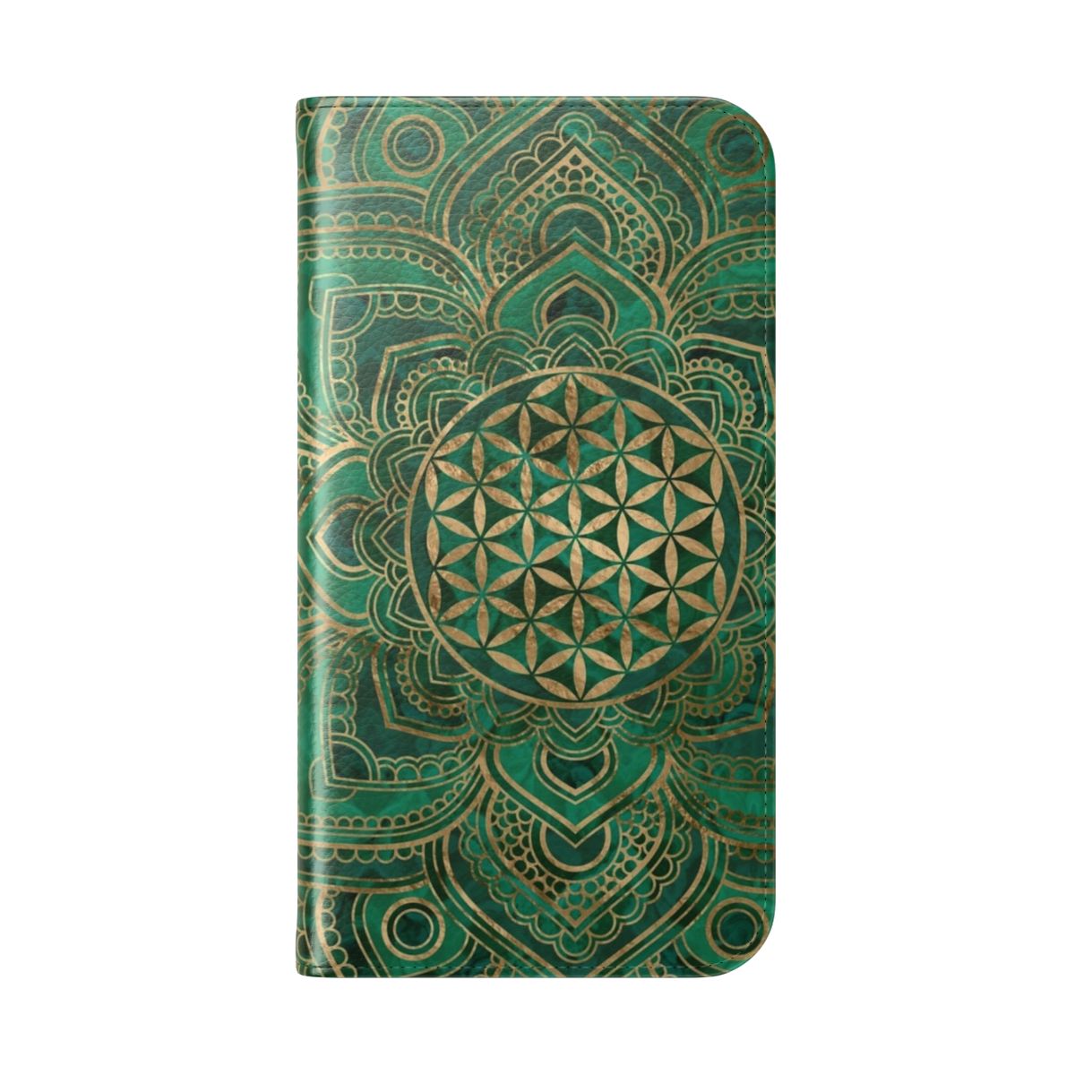 A vibrant malachite and gold phone case featuring a sacred geometry lotus flower design. - Folded Back