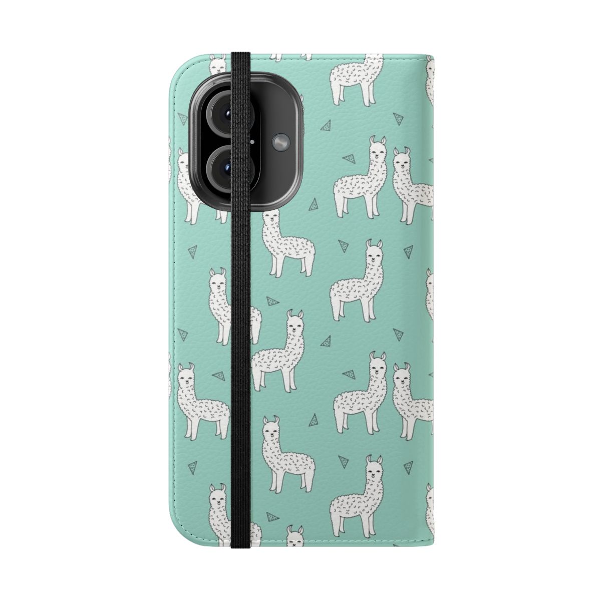 Mint-colored phone case with a cute alpaca pattern design by Andrea Lauren - Folded Front