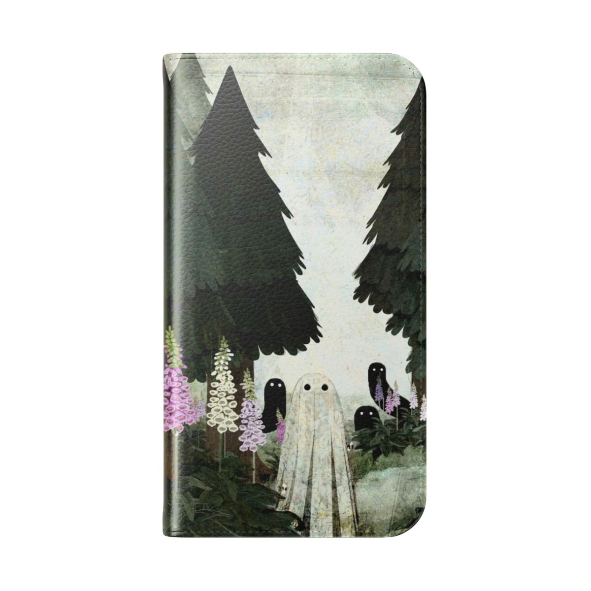 Flip cover phone case featuring a spooky, ghostly forest scene with foxgloves and bees - Folded Back