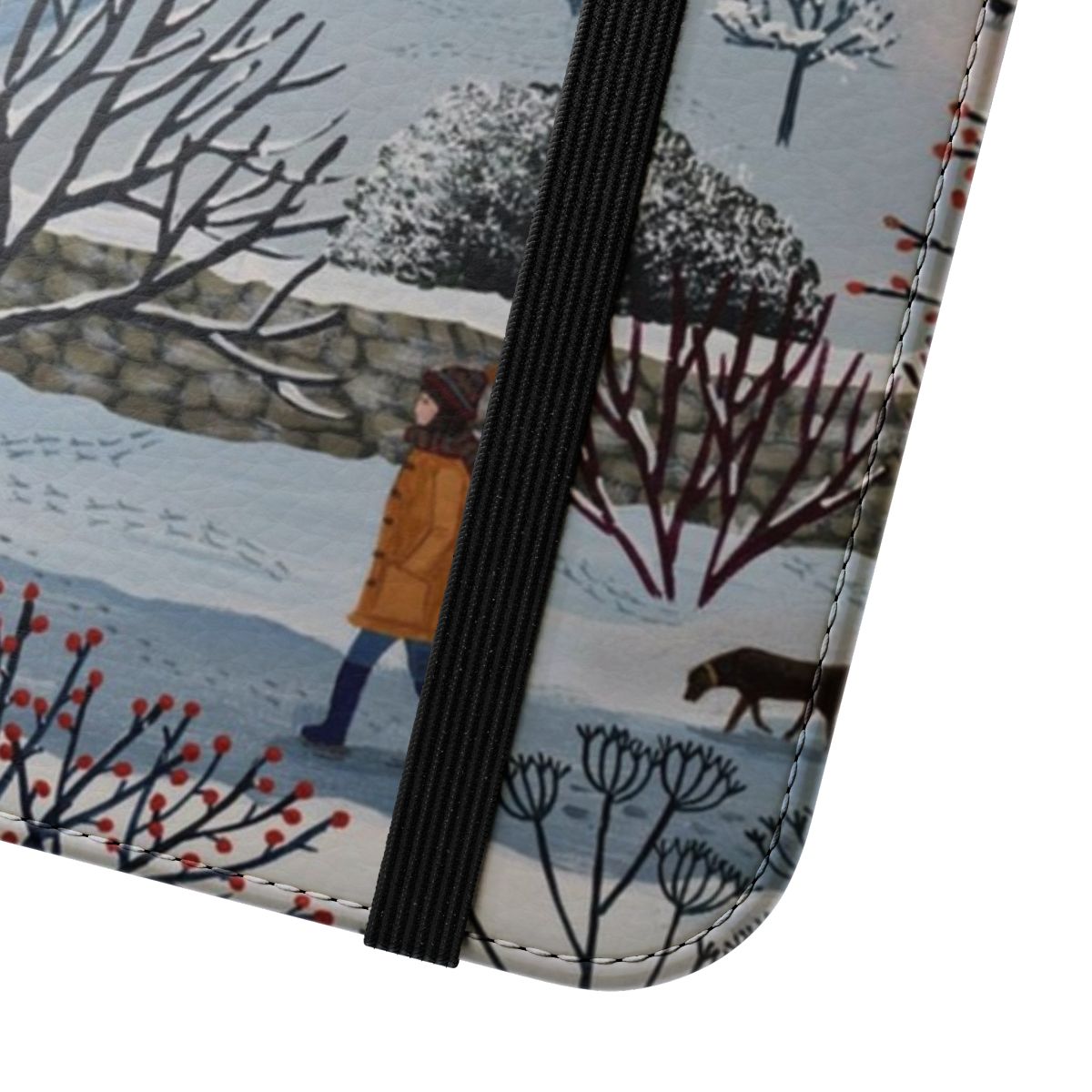 Flip cover phone case featuring a winter landscape with snow, dogs, and a cottage at sunset - Close Up