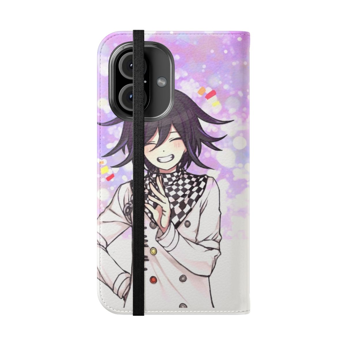 Kokichi Ouma inspired flip cover phone case with a custom background design. - Folded Front