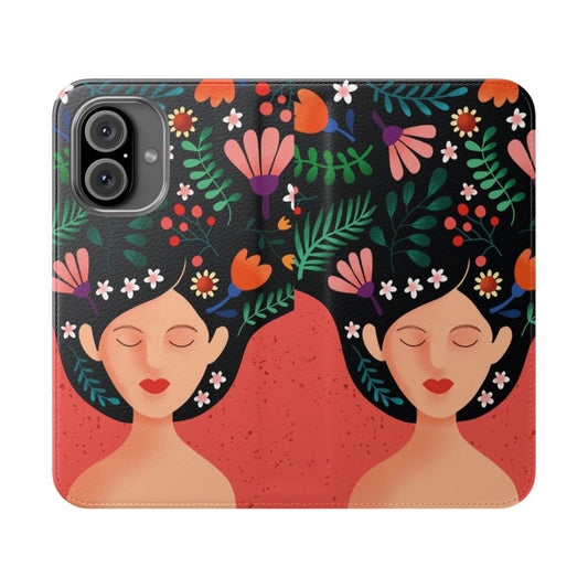 A vibrant and colorful flip cover phone case featuring abstract floral and typography design, promoting mindfulness and self-love.