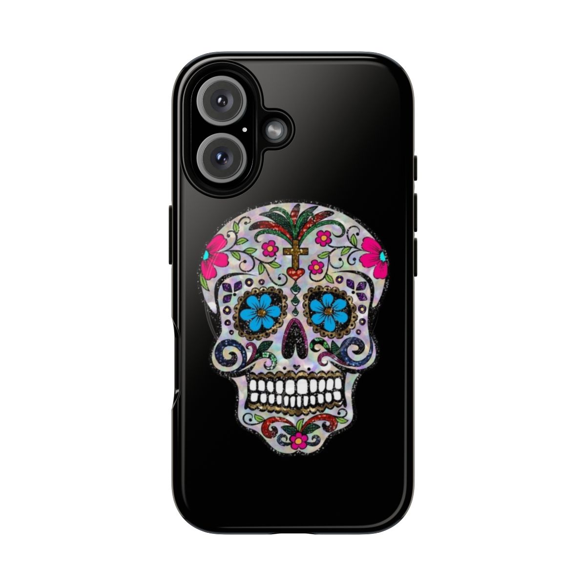 Colorful and vibrant sugar skull-patterned phone case with a touch of sequins for a subtle shine.