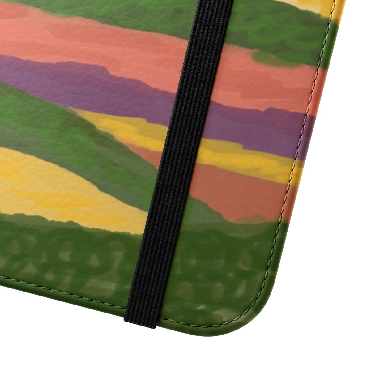 Colorful mountains and tiny house landscape art printed on a phone case - Close Up