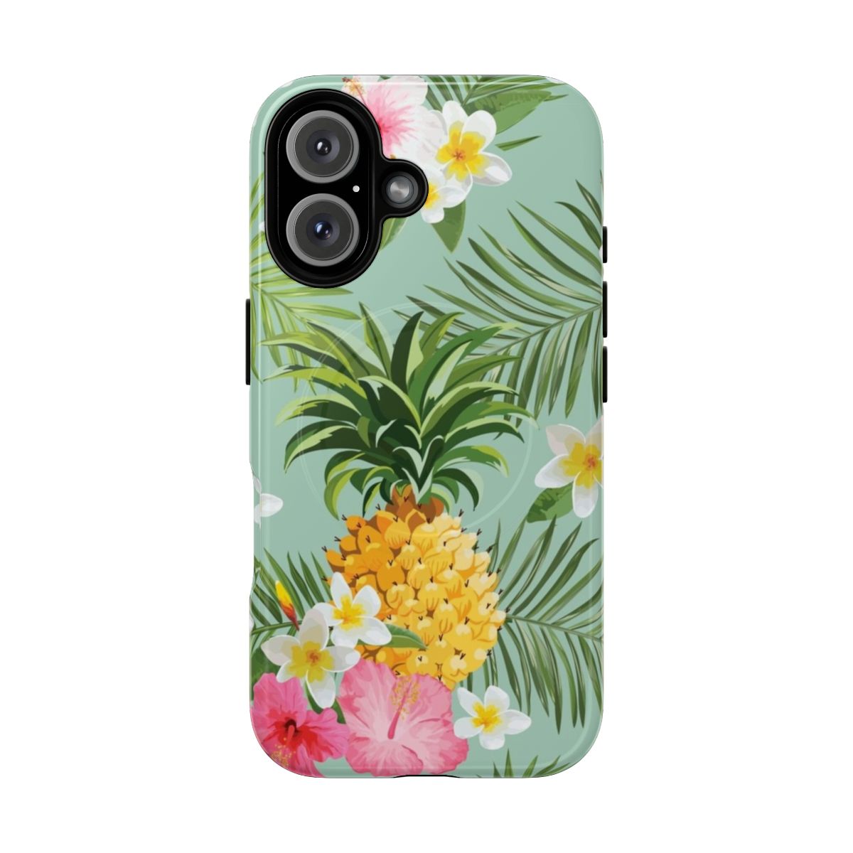 Tropical pineapple and hibiscus flower phone case in pink, white, green, and yellow