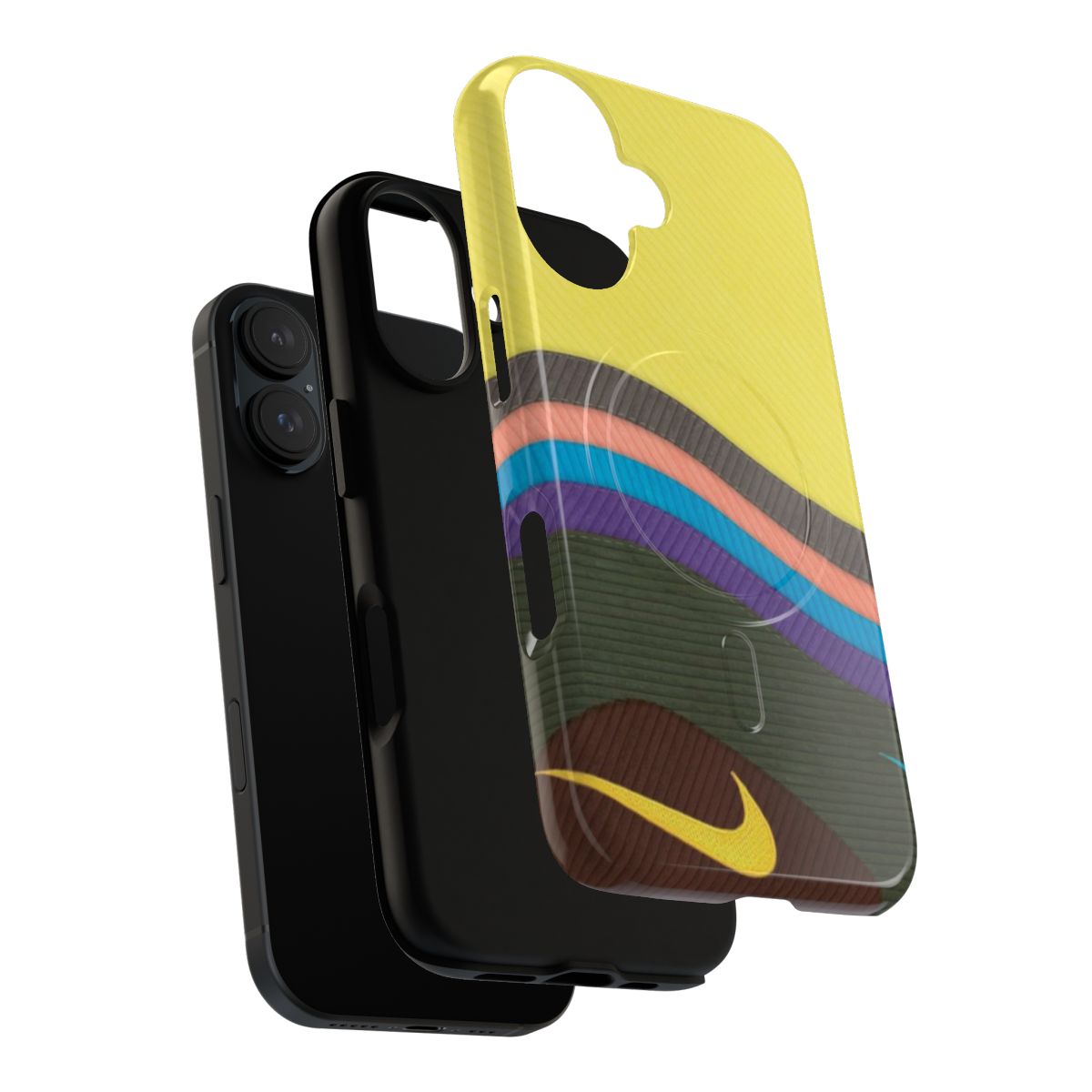 Colorful retro-style phone case with magnetic closure and tough protective design, featuring a Nike-inspired popcorn pattern. - Layers