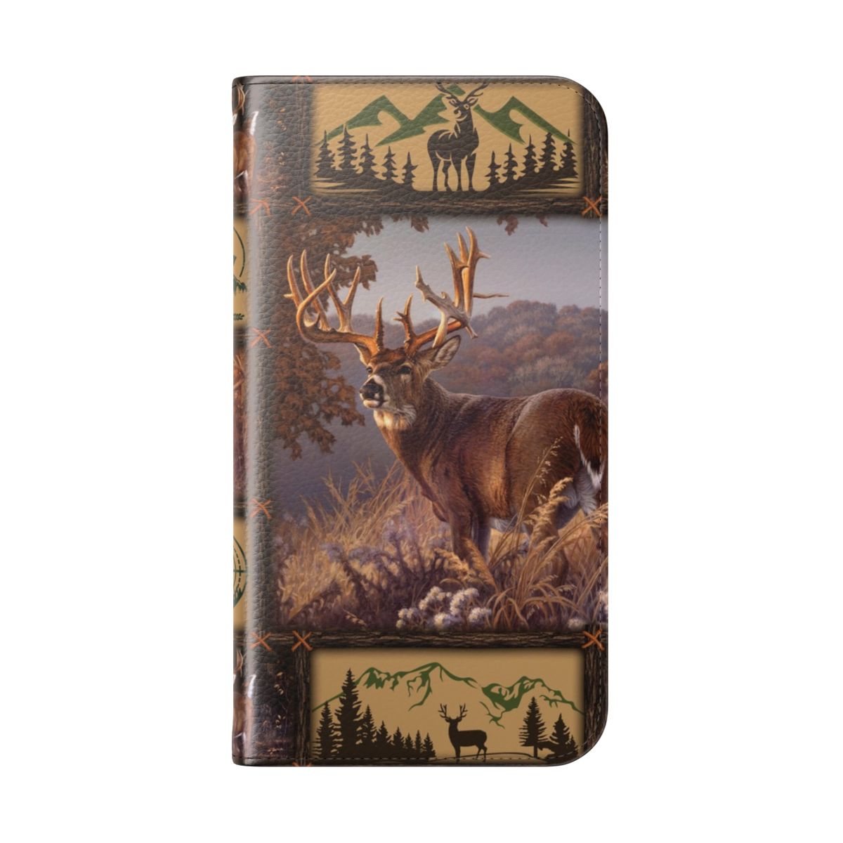 Deer hunting inspired camo quilt pattern flip phone case with buck head design - Folded Back