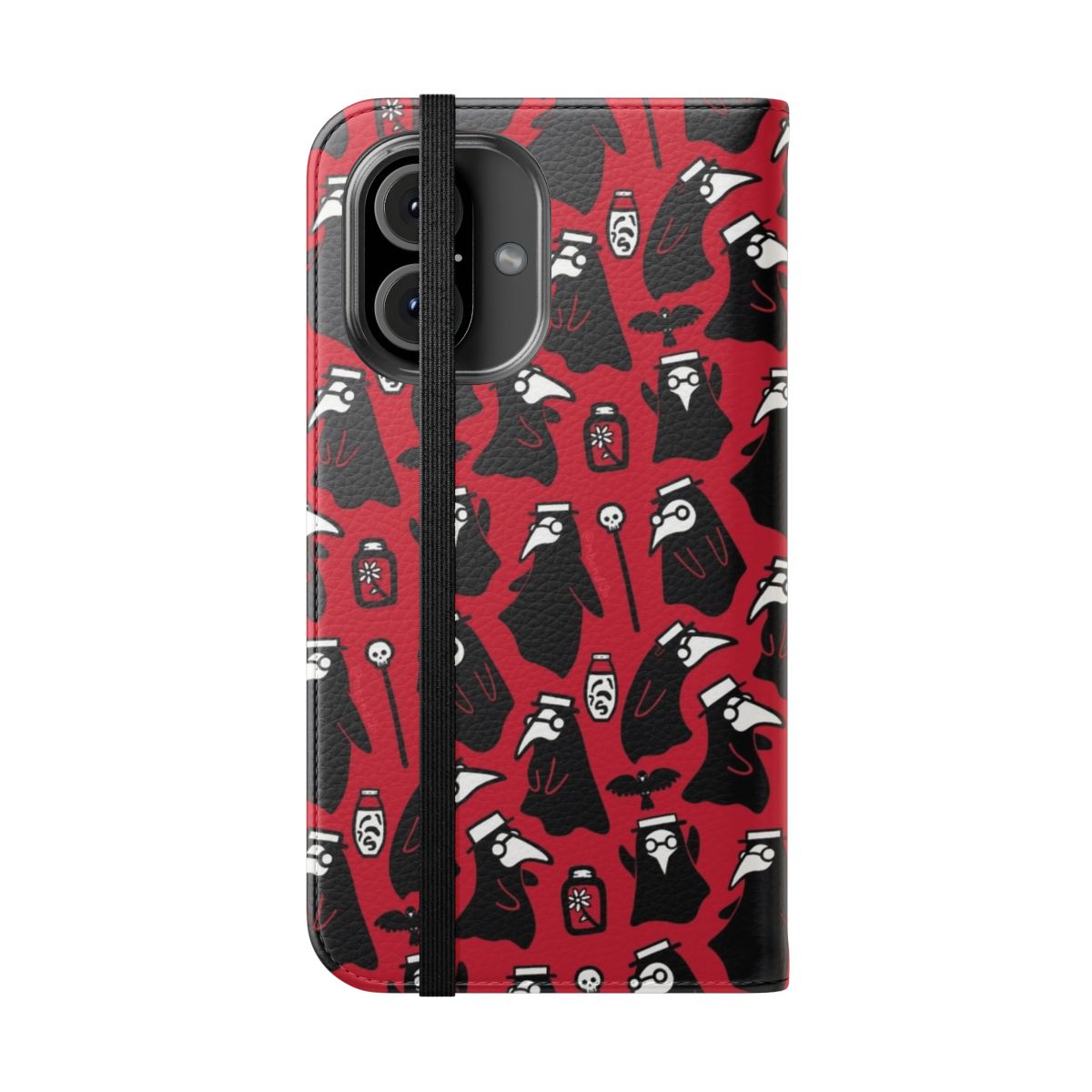 Flip cover phone case with a medieval plague doctor design featuring a black bird, leeches, and dark Gothic elements. - Folded Front