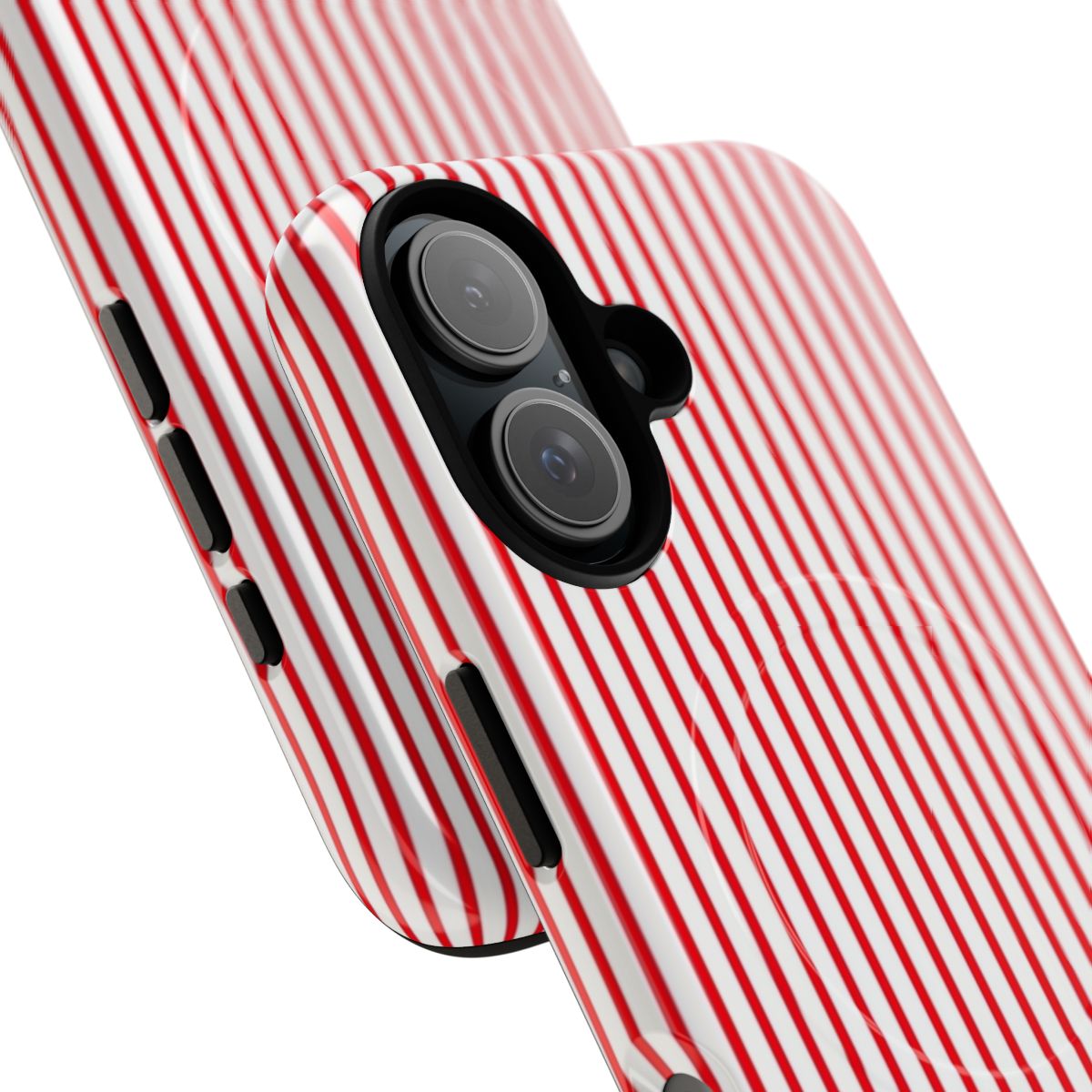 Magnetic tough phone case with a stylish red and white striped pinstripe pattern design. - Detail