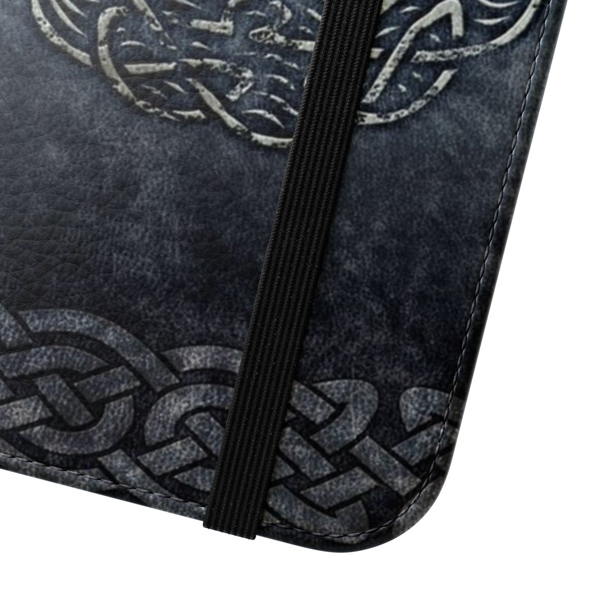 A grey leather phone case featuring a celtic tree of life design. - Close Up