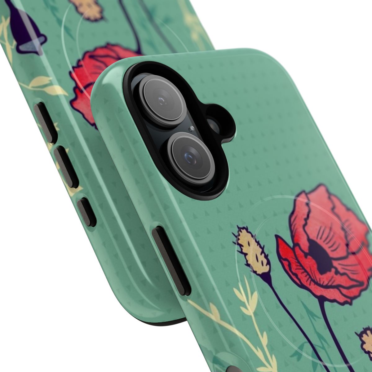 A phone case featuring a watercolor painting of a summer wildflower meadow with green grass and geometric shapes. - Detail