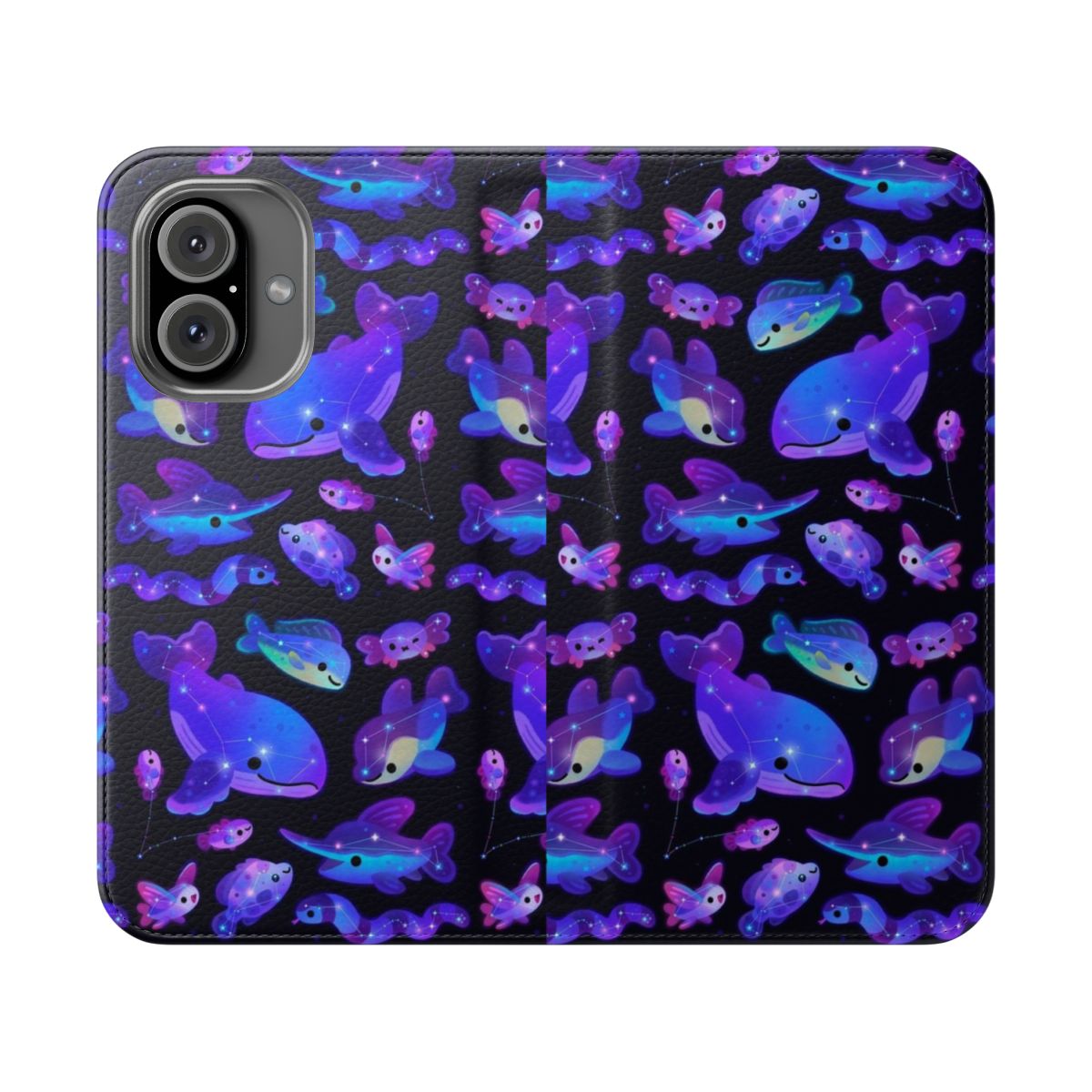 Flip cover phone case featuring a design with ocean constellations, marine life, and a starry night sky.