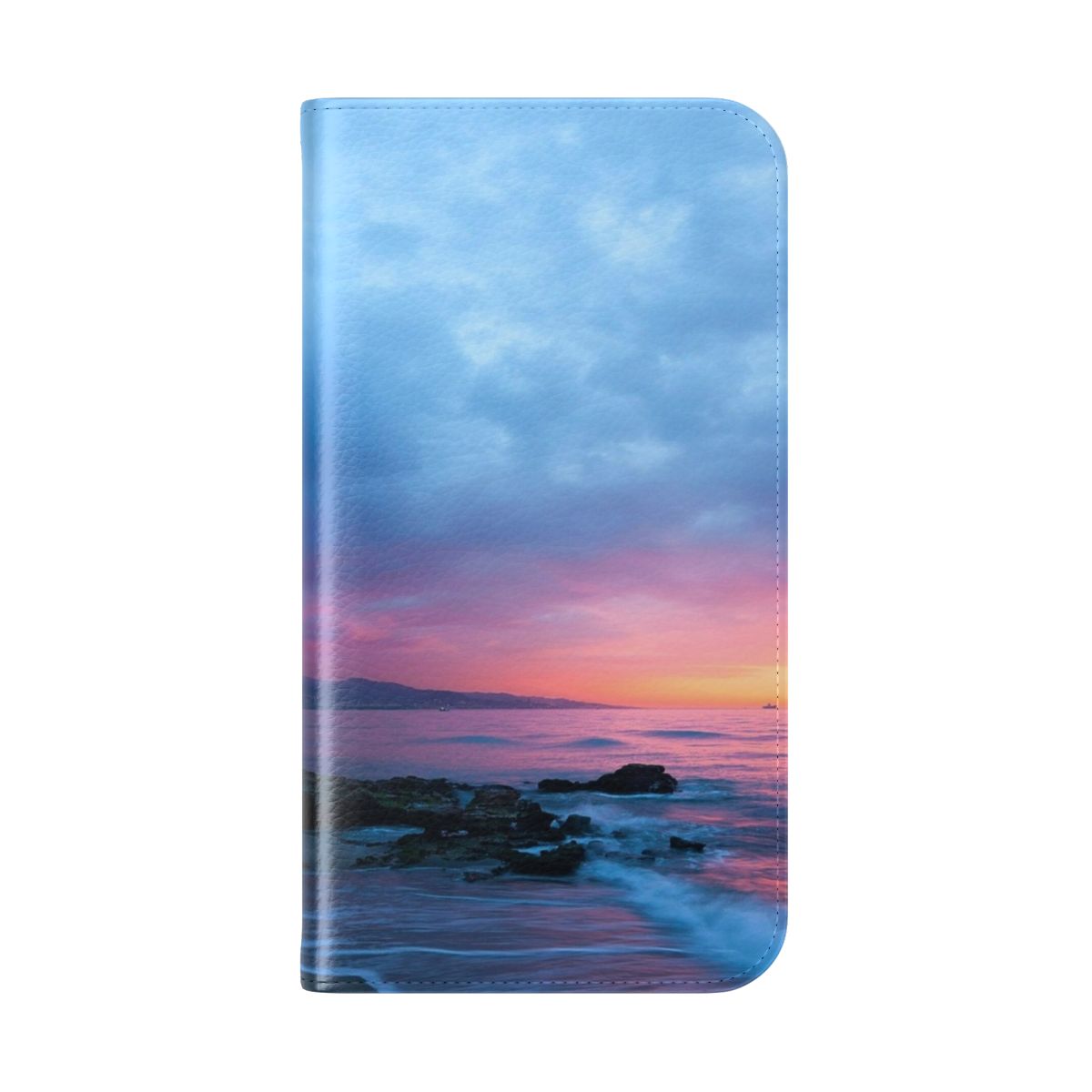 Tropical beach sunset phone case cover with pink and orange skies, ocean waves, and coastal scenery. - Folded Back