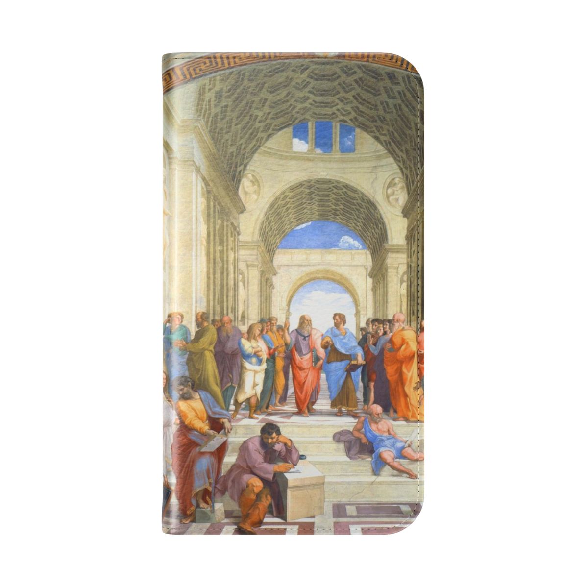 Flip cover phone case featuring the iconic "School of Athens" fresco by Raphael, depicting the famous Greek philosophers Plato and Aristotle. - Folded Back