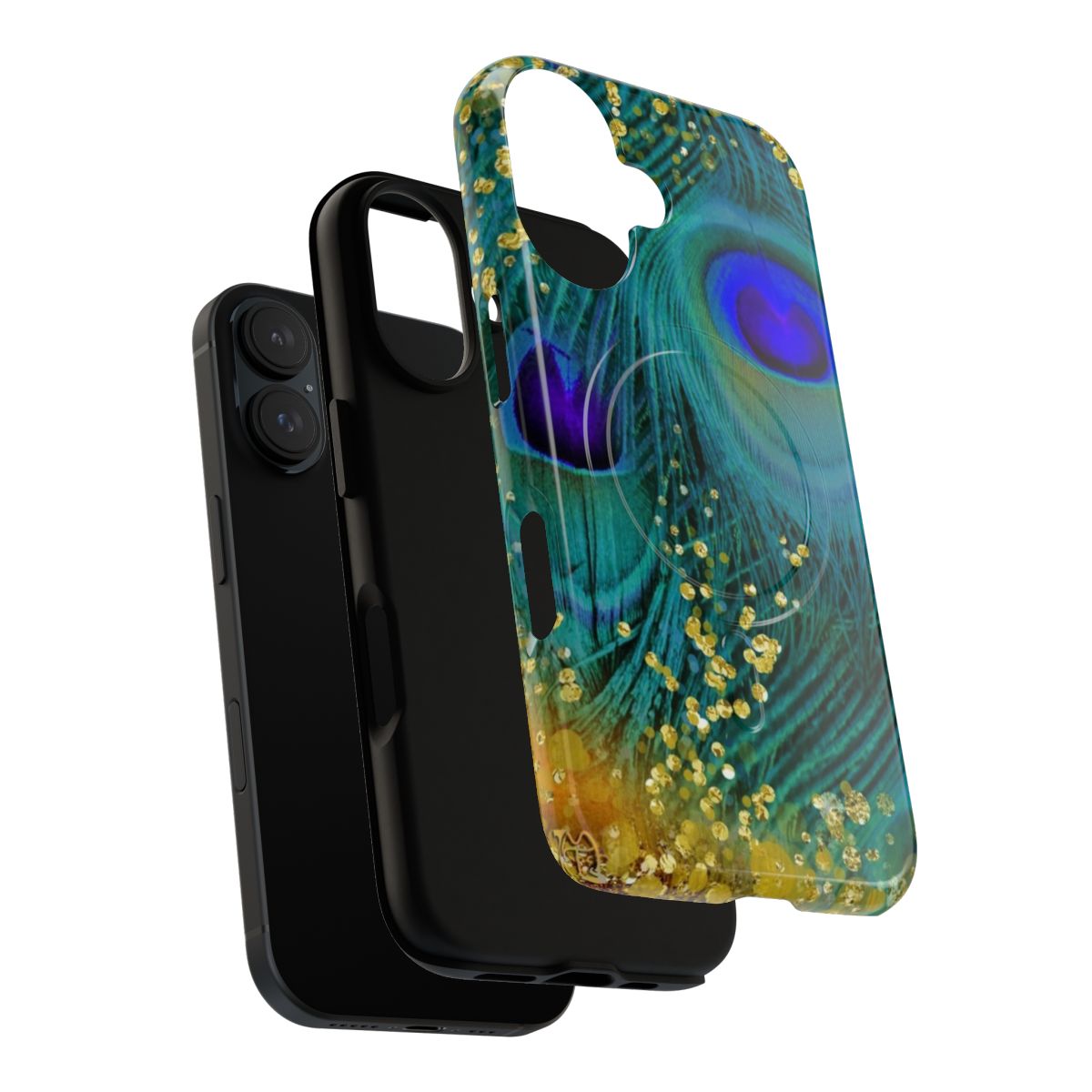 A closeup image of a phone case with a dreamy, iridescent peacock feather design in shades of teal, purple, and glimmering gold. - Layers