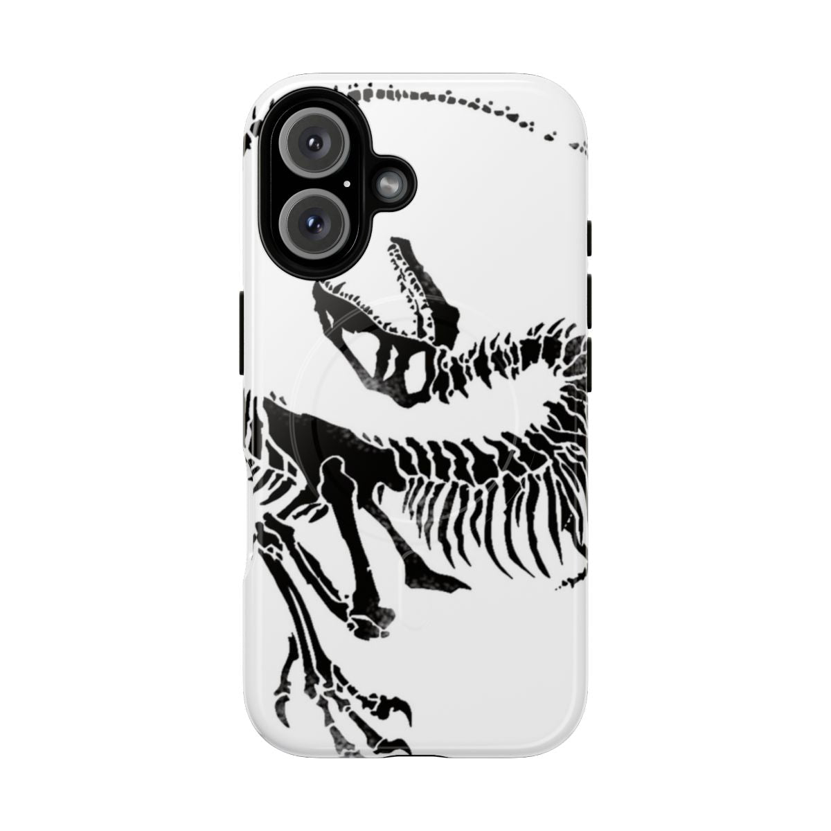 Velociraptor skeleton design on a tough, magnetic phone case