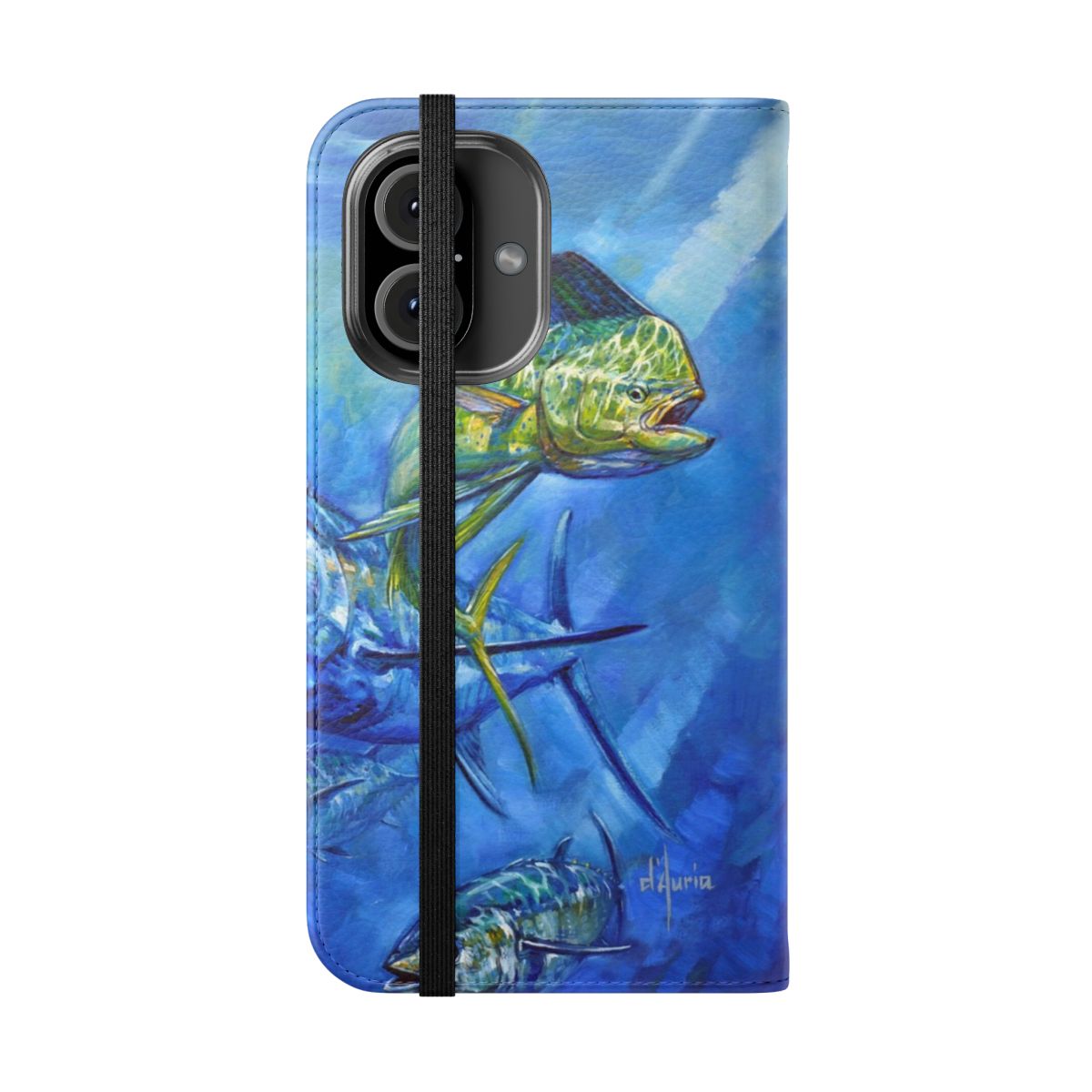 Flip cover phone case featuring colorful illustrations of mahi mahi, dorado, tuna, and marlin fish. - Folded Front