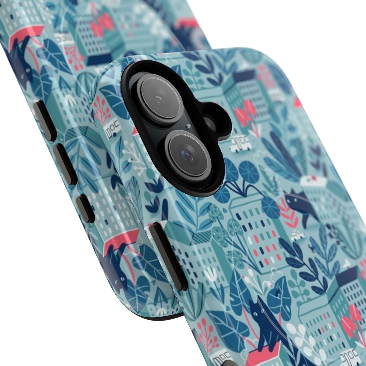 Magnetic tough phone case featuring illustrations of giant cats, plants, and a dormitory area - Detail