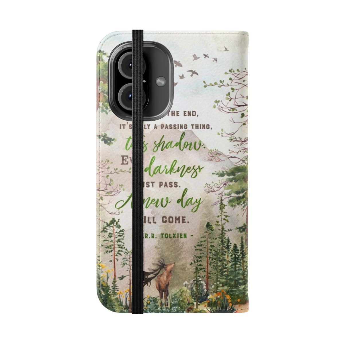 Flip cover phone case with a nature-inspired watercolor design featuring trees, leaves, and a fantasy-style ring - Folded Front