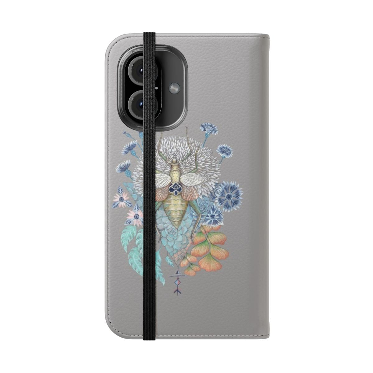 Flip cover phone case featuring a botanical design with a key and nature elements. - Folded Front