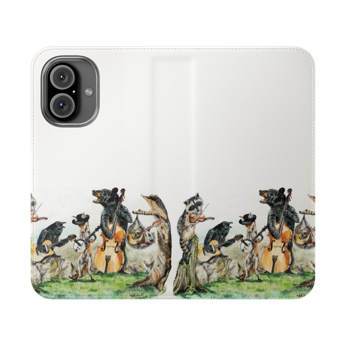 Illustration of various woodland animals and instruments on a phone case design