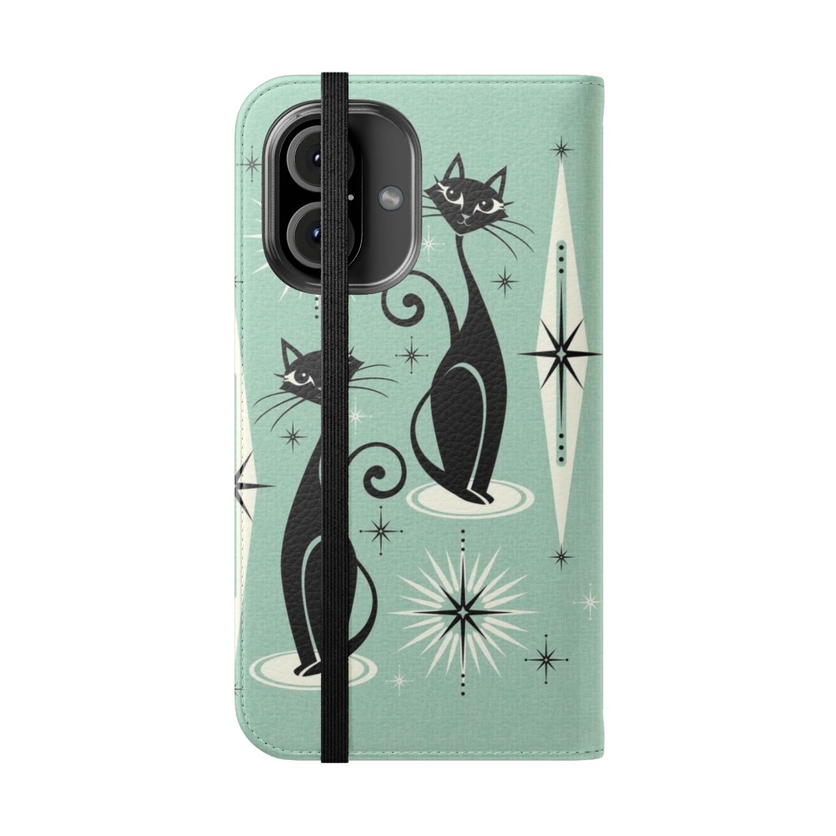 Retro atomic cat print phone case in mint color - Folded Front