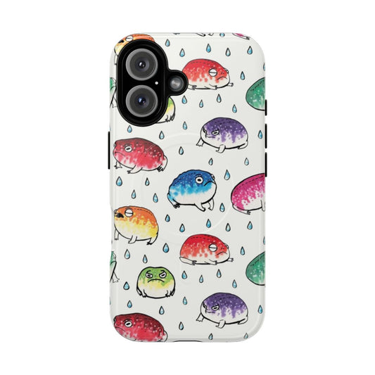 Colorful round frog with rain droplets on a phone case