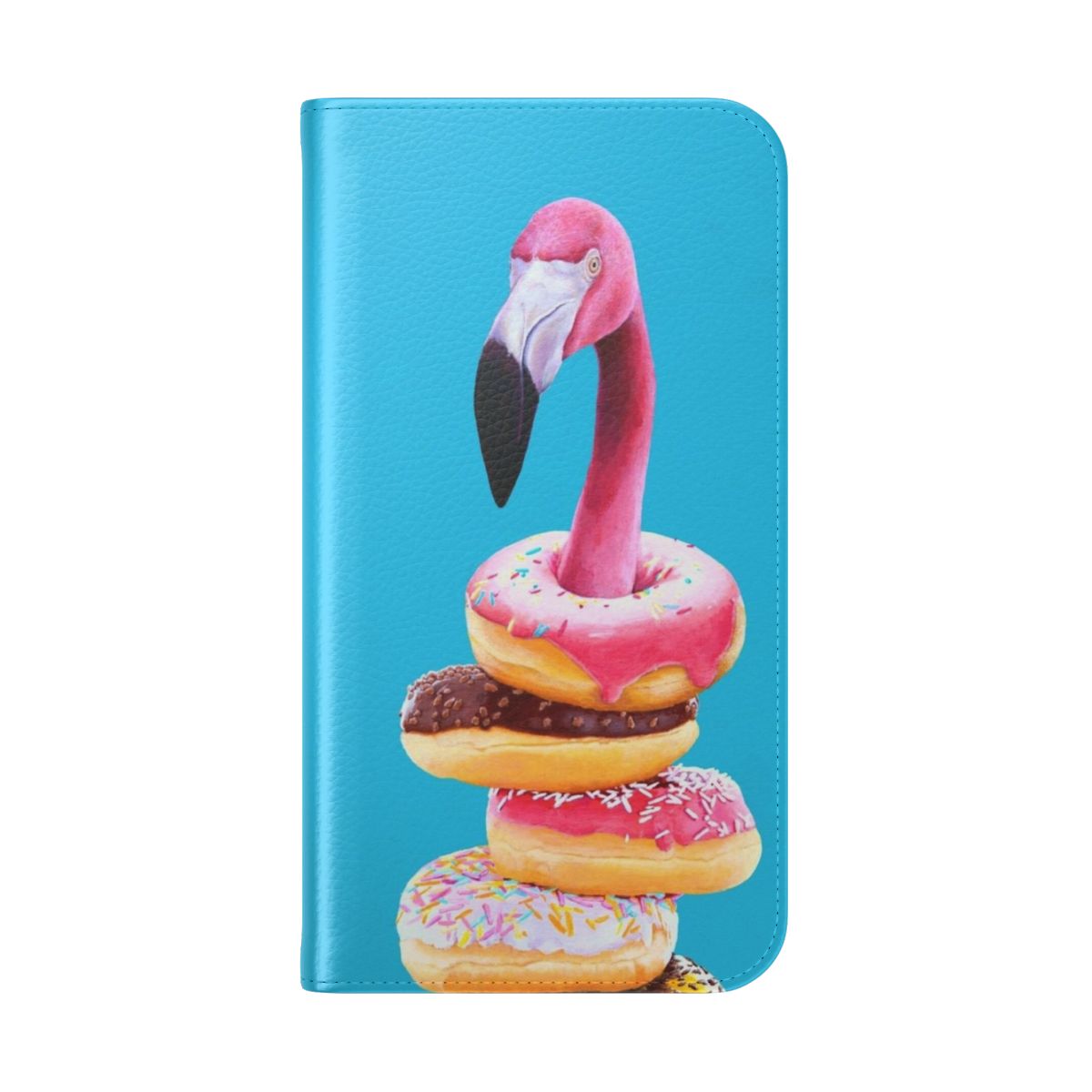 A vibrant and whimsical flip cover phone case featuring a flamingo with a doughnut - Folded Back