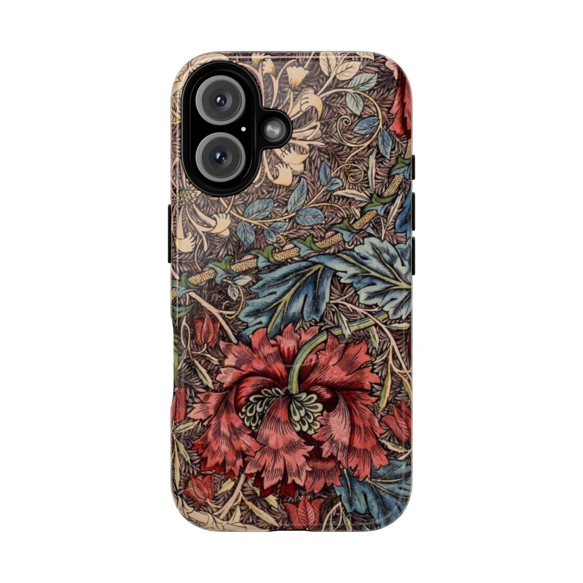 Vintage-inspired phone case featuring the iconic William Morris Honeysuckle floral pattern and botanical illustrations.