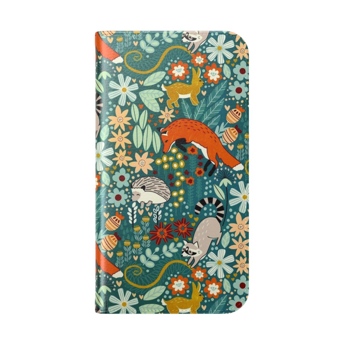 Textured phone case with a hand-drawn woodland pattern featuring foxes, raccoons, rabbits, and flowers - Folded Back