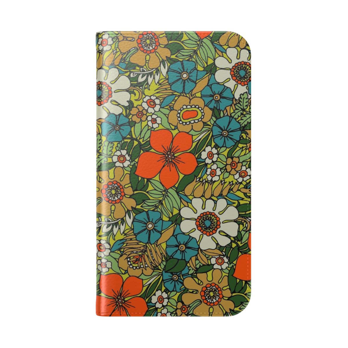 A vintage-style flip cover phone case featuring a colorful floral and tropical design, inspired by the 1970s. - Folded Back