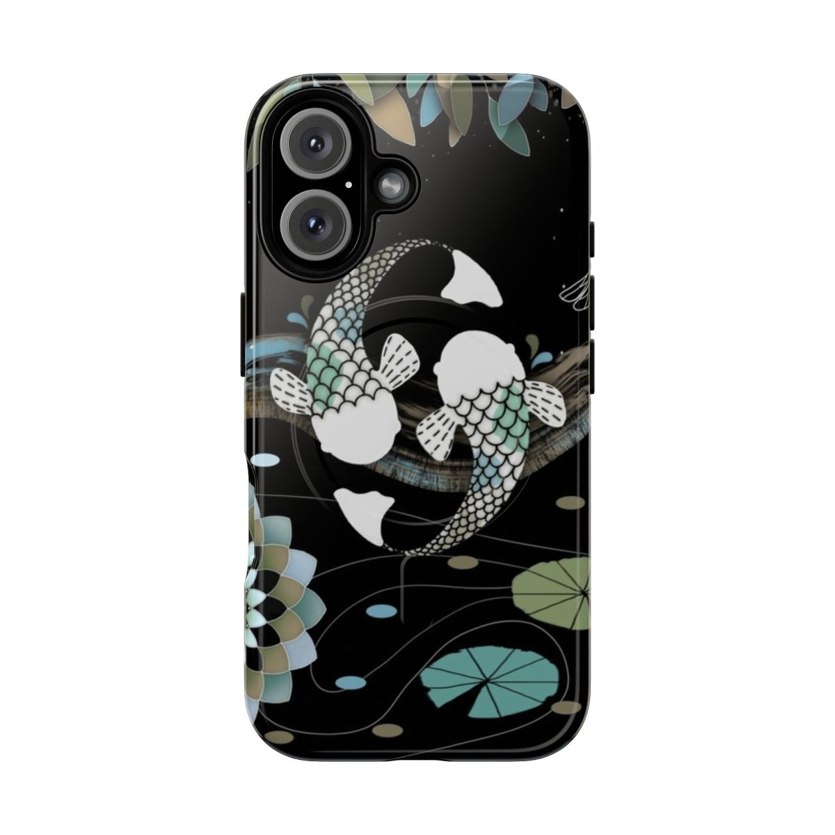 Vibrant koi fish swimming in a nature-inspired mandala design on a phone case